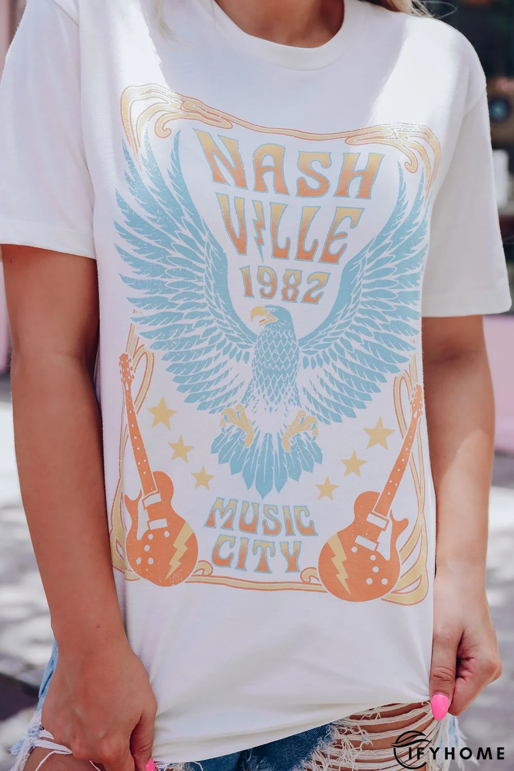 White NASHVILLE 1982 Eagle Graphic Print Casual T Shirt | IFYHOME
