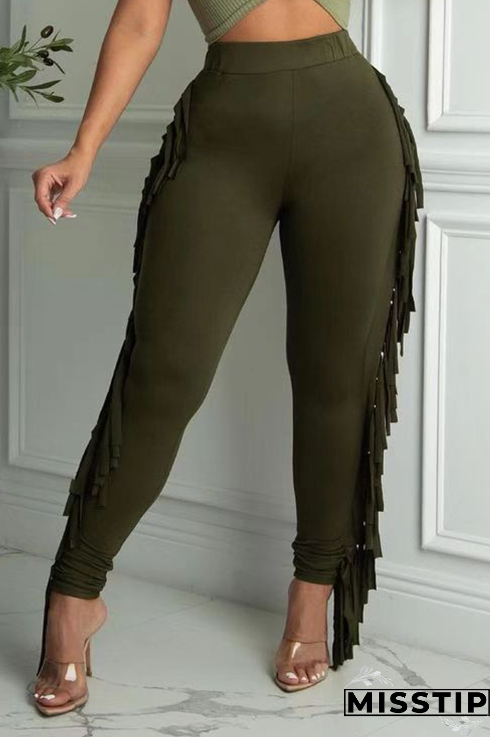 Burgundy Sexy Solid Tassel Skinny High Waist Pencil Solid Color Bottoms