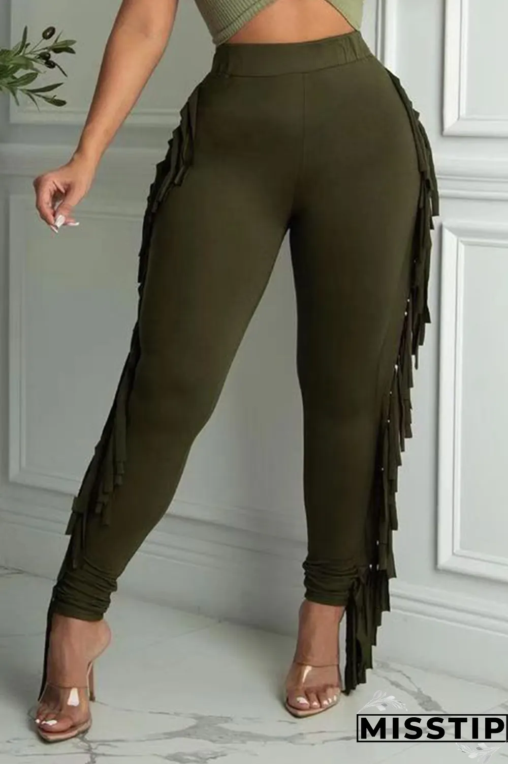 Burgundy Sexy Solid Tassel Skinny High Waist Pencil Solid Color Bottoms