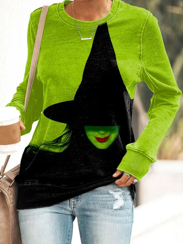 Plus Size Women's Witch Printed Round Neck Sweatshirt VangoghDress