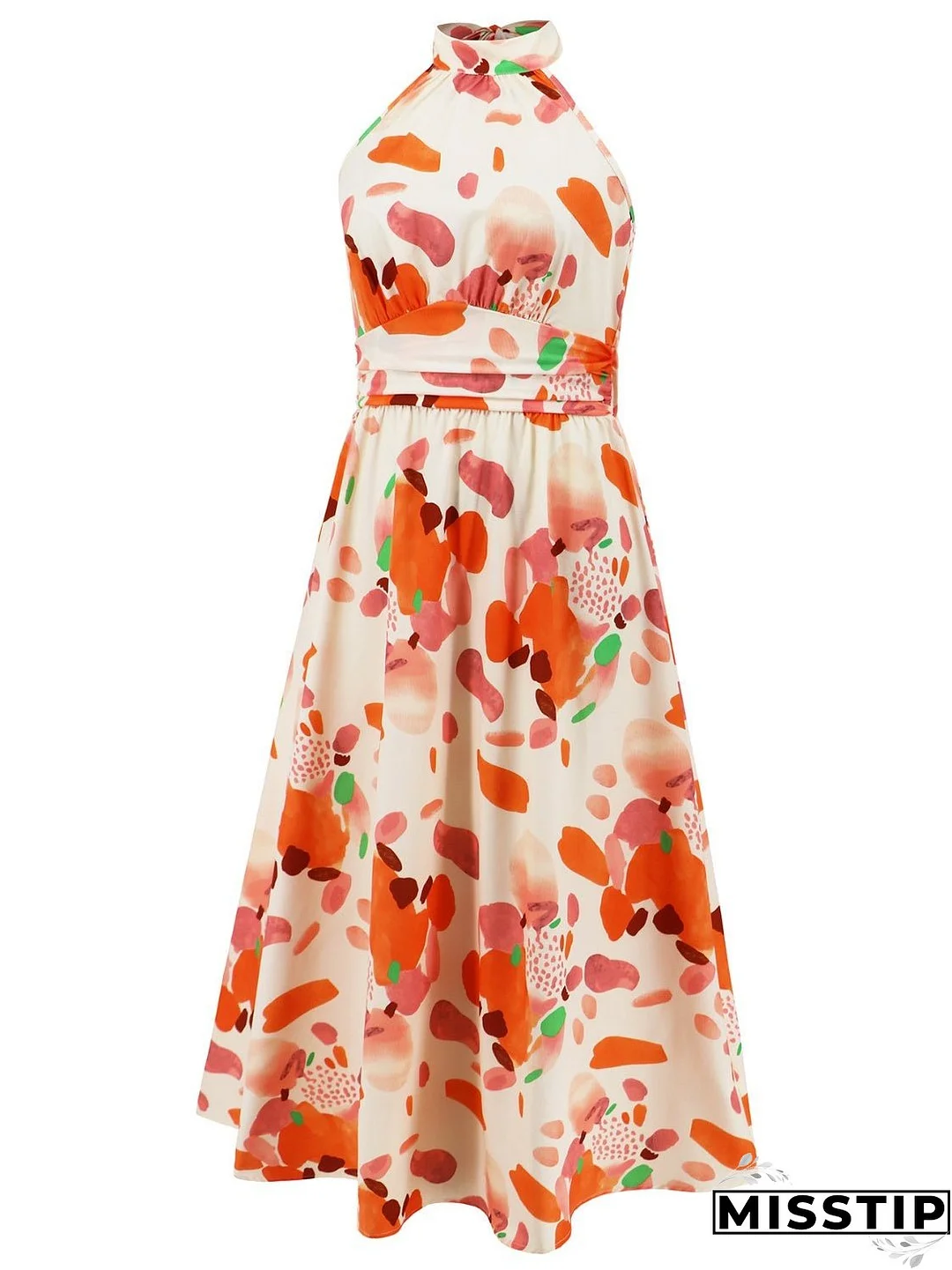 Ruched Printed Halter Neck Sleeveless Dress