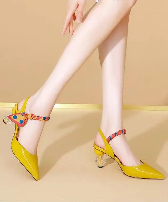 Chic Splicing High Heel Sandals Yellow Faux Leather Pointed Toe