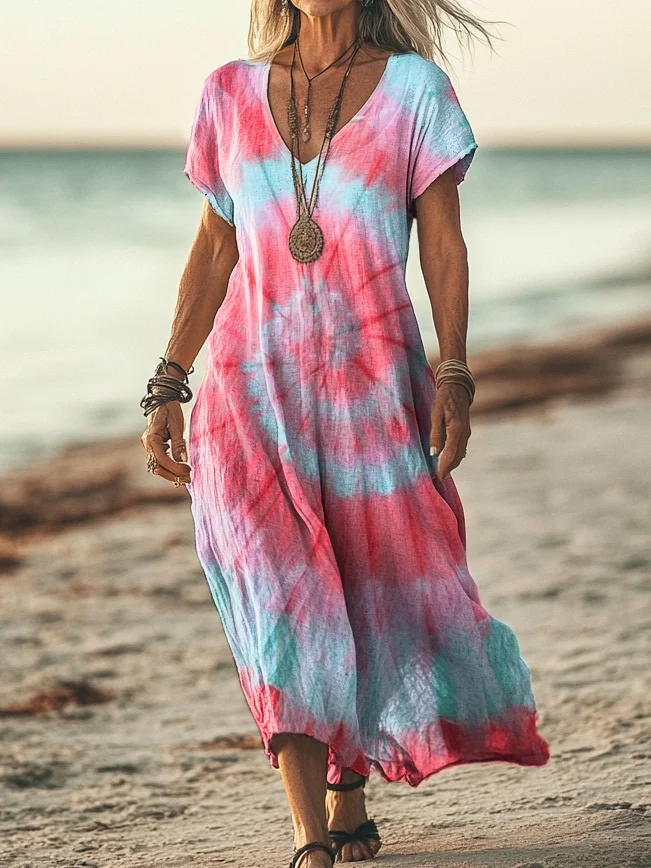 Women's Colorful Tie Dye Print Pocket Cotton Dress