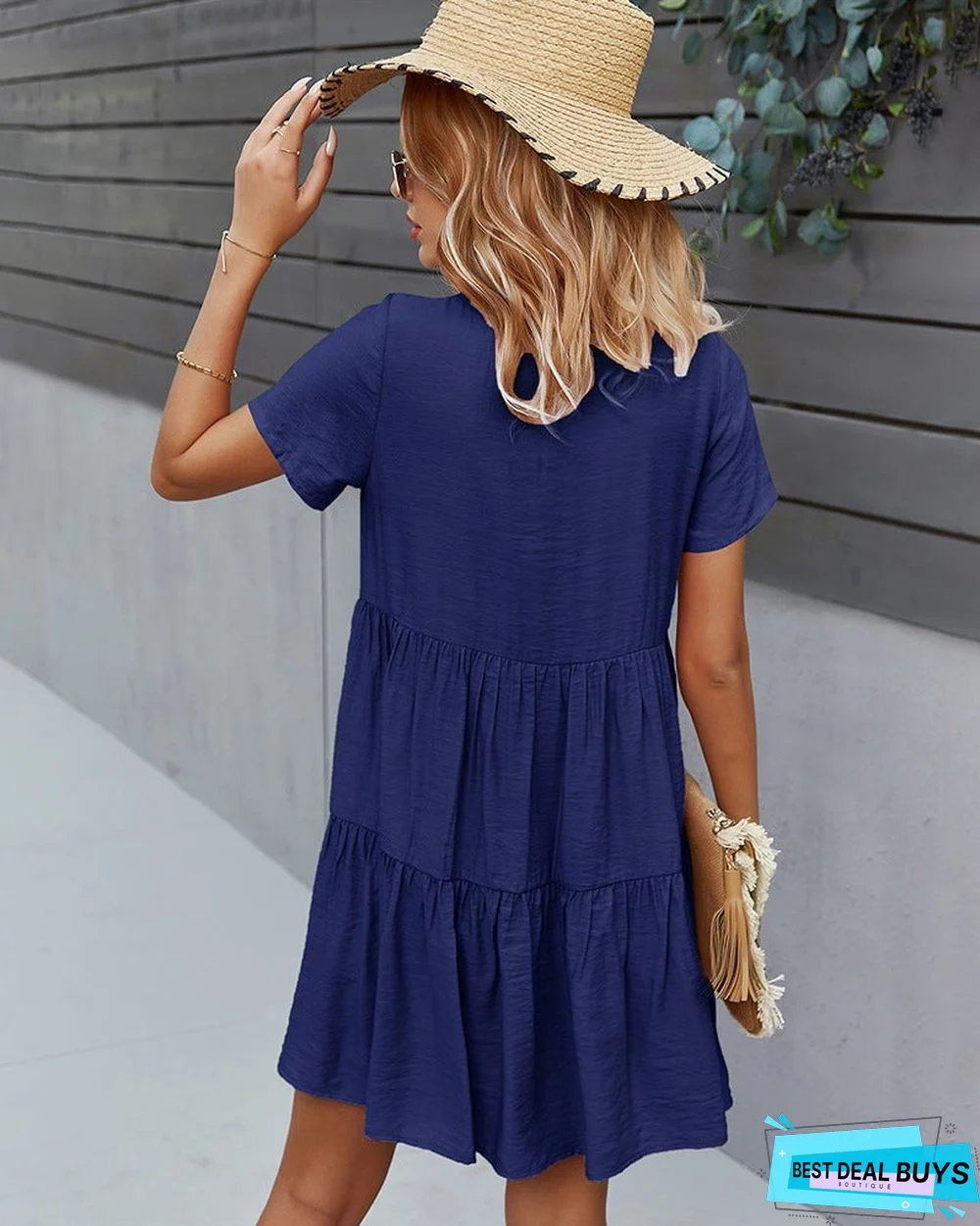 Women's Solid Color Dress Spring and Summer Short Sleeve Cotton Skirt