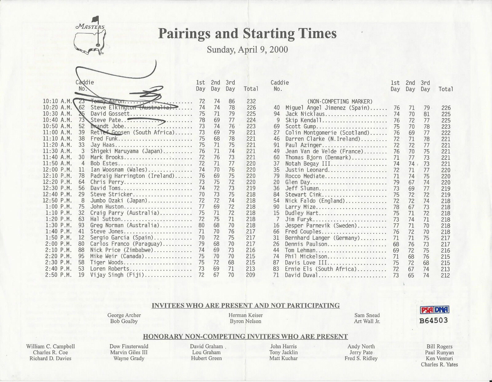 Davis Love III signed 2000 Masters Pairings and Starting Time PSA/DNA # B64503