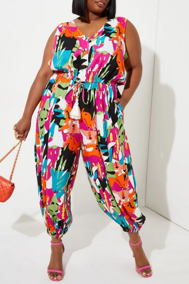 Plus Size Multicolor Daily All Over Print Patchwork V Neck Jumpsuits [Pre-Order]