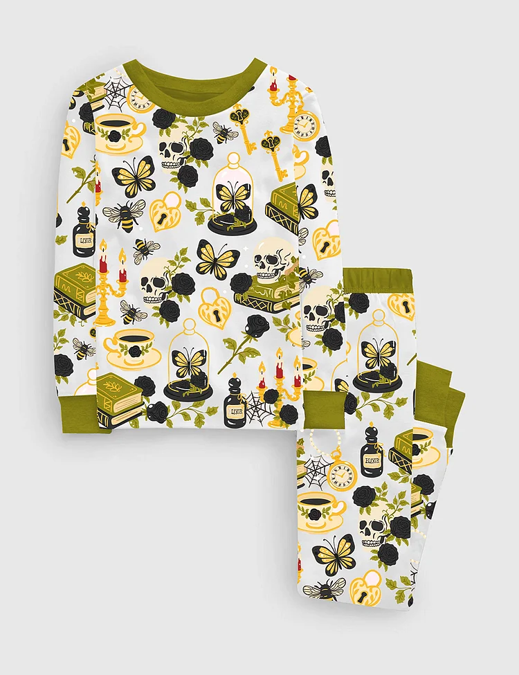 Kid's Dark Academia Halloween Skull Red Rose Gothic Witchy Spooky Cozy Aesthetic Print Long Sleeve Pajama Set