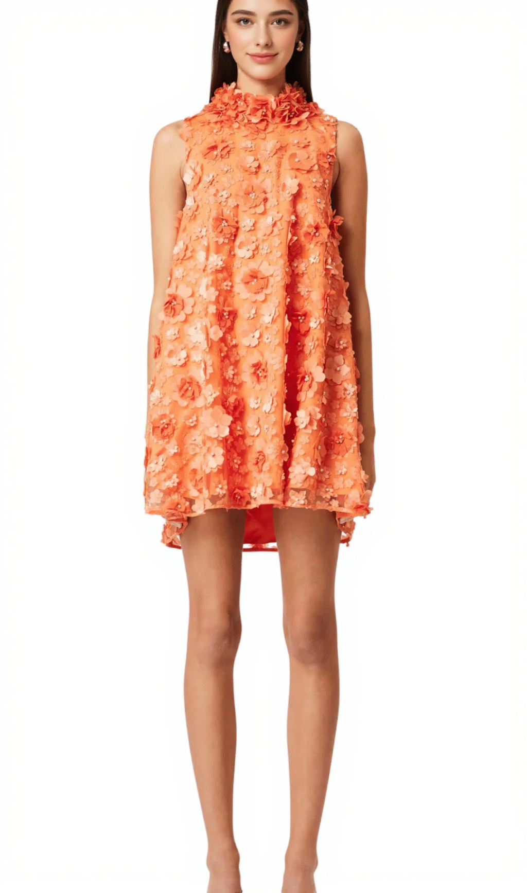 3d floral bluebell Trapeze Dress in Orange