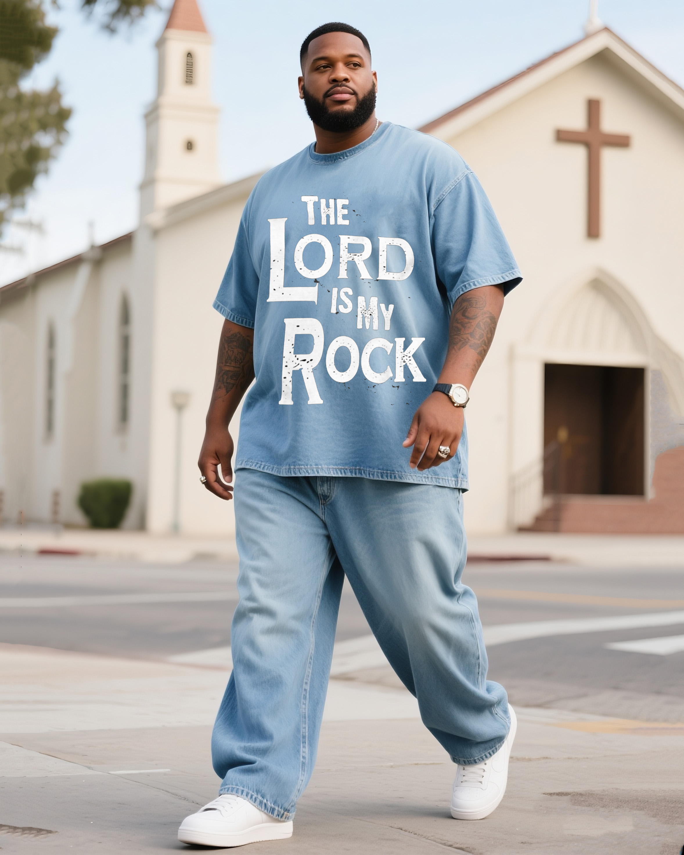 Plus Size Men's Master Is My Rock Print Denim T-shirt Pants Suit