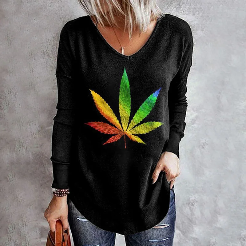 Rainbow Leaf Print Long Sleeve T-Shirt