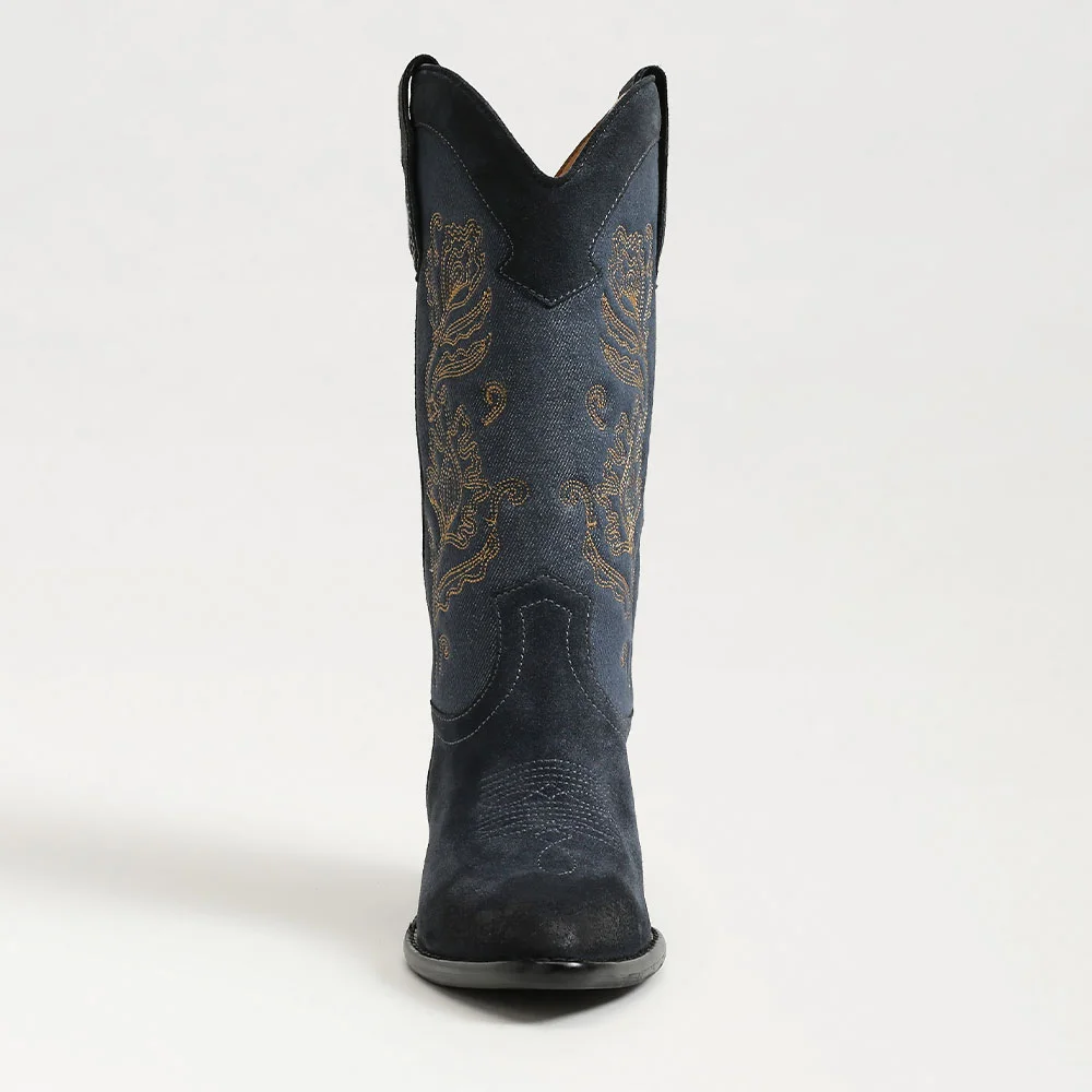 Women's Navy Closed Toe Block Heel Floral Embroidered Cowboy Boots
