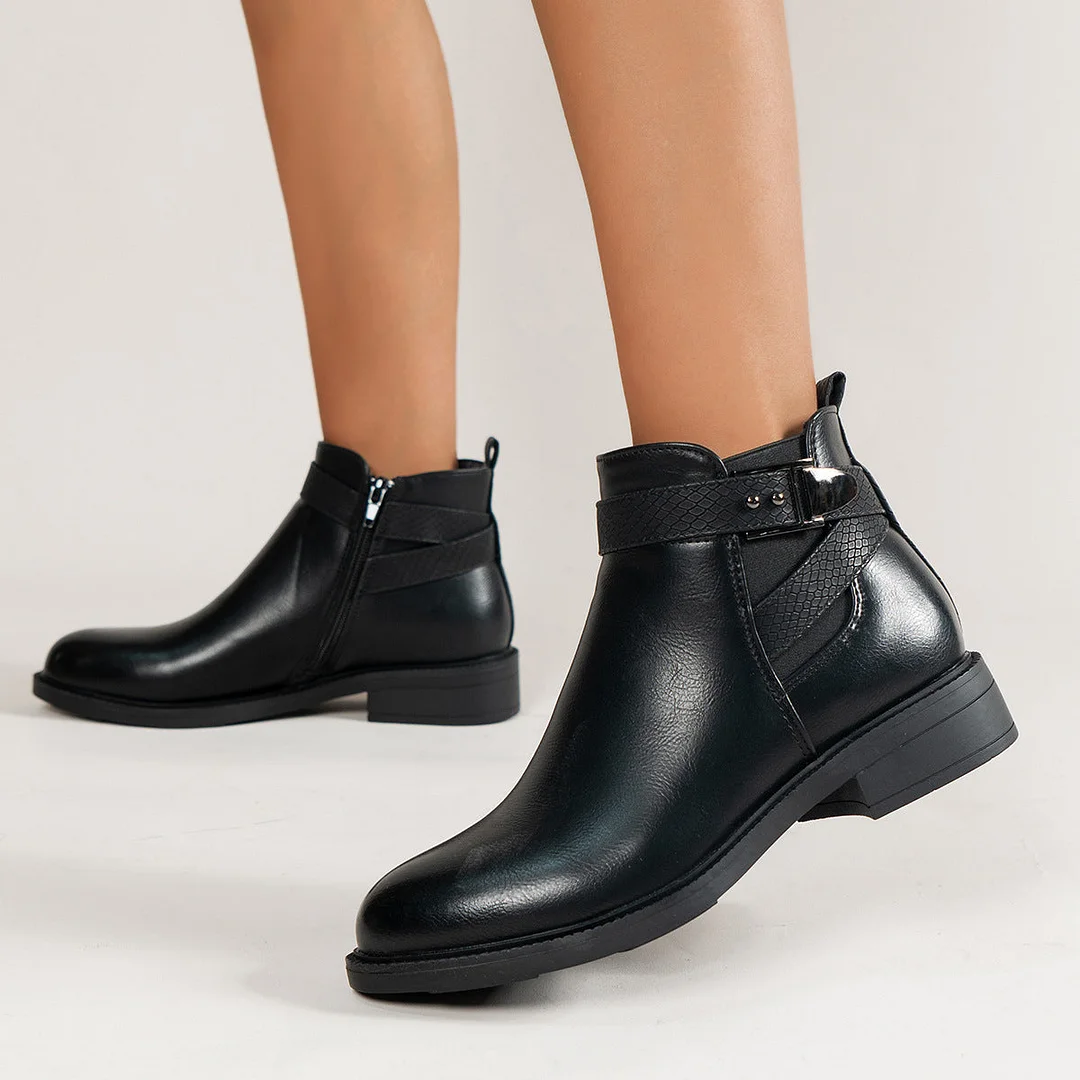Women's Black Buckle Strap Chelsea Boots Slip On Low Heels Ankle Boots