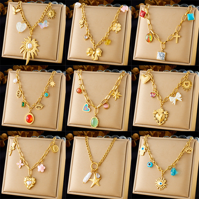 French Retro Concave And Convex Love Heart Sticky Pearl Clavicle Necklace Pink Flower Round Gemstone Thick Sweater Chain