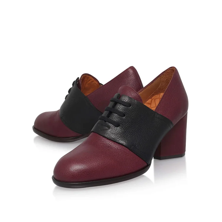 Burgundy and Black Oxford Heels Round Toe Block Heel Vintage Shoes |FSJ Shoes