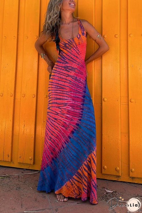 Back Criss Cross Sleeveless Color Block Tie Dye Maxi Dress