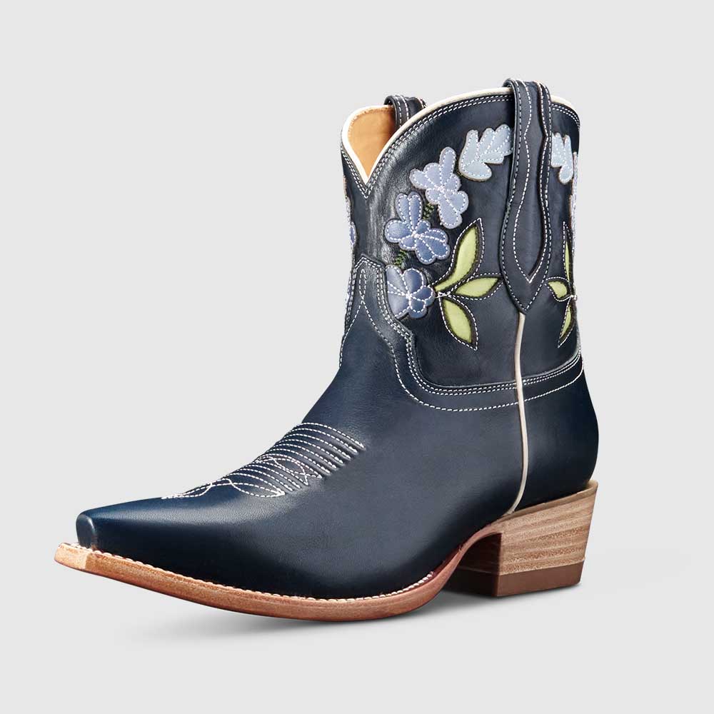 Navy Block Heel Flower Inlay Embroidered Women's Cowgirl Boots Nicepairs