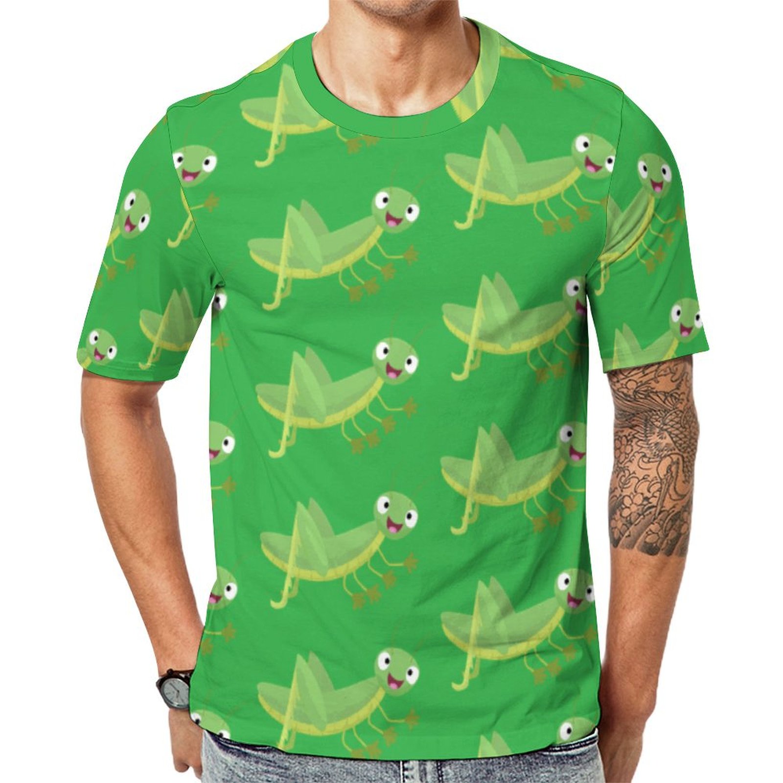 Cute Green Happy Grasshopper Cartoon Short Sleeve Print Unisex Tshirt Summer Casual Tees for Men and Women Coolcoshirts