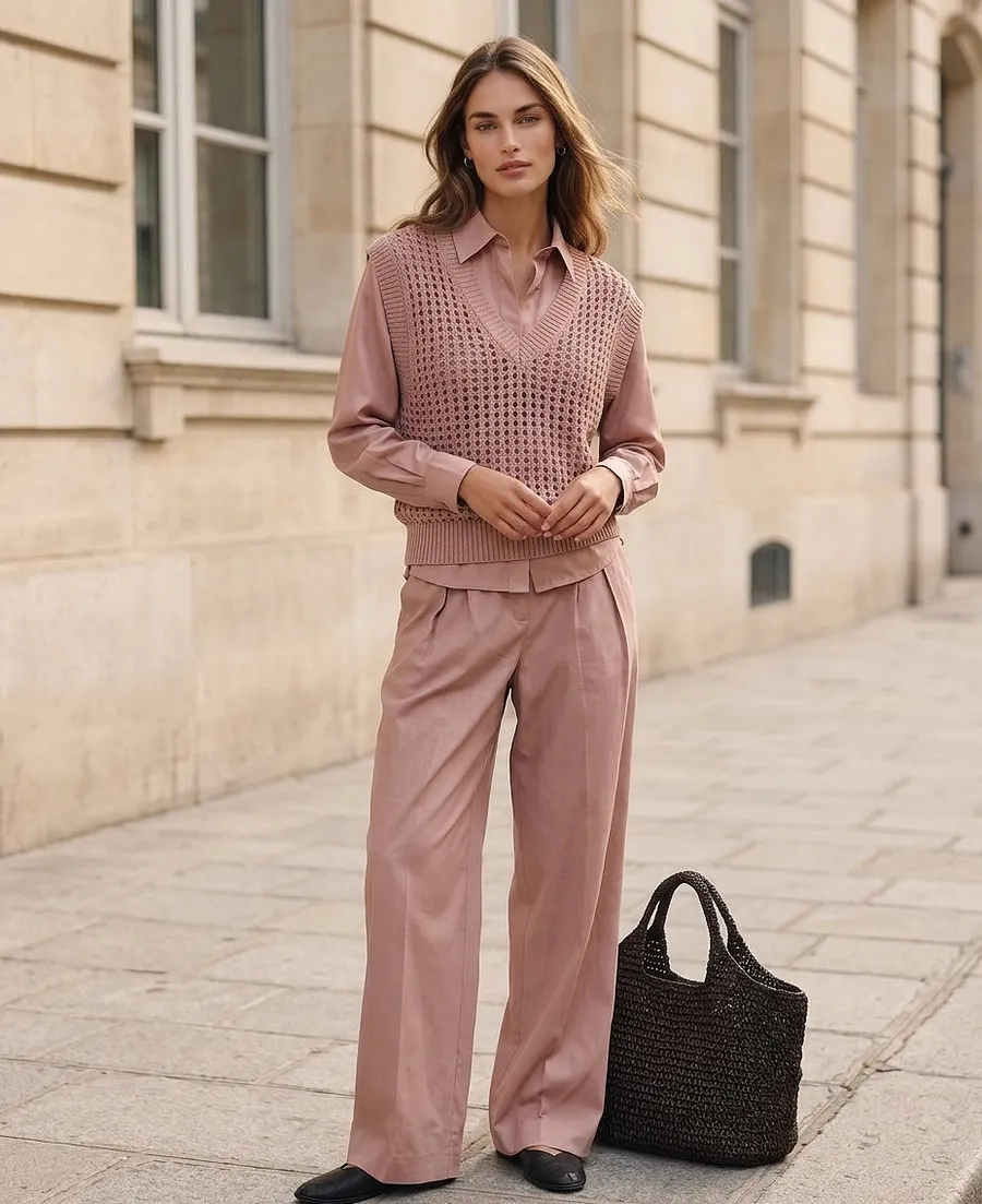 Women's 3-piece Set Featuring A Casual Dusty-pink Woven Shirt And A Knitted Openwork Vest MD