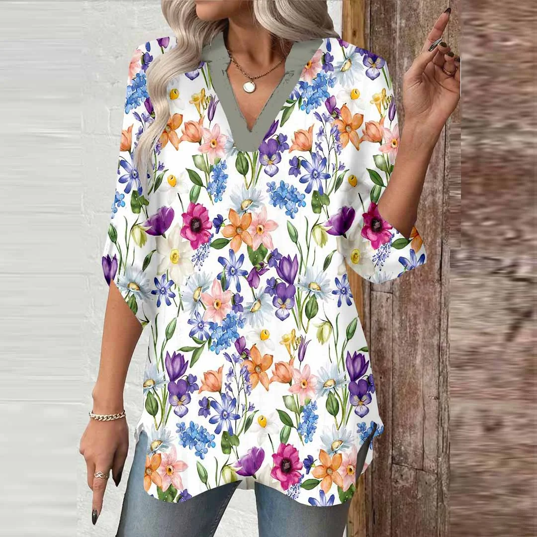 Women Floral, Red, Blue DZGA0742 3/4 Sleeve V-neck Printed Graphic Button Tops