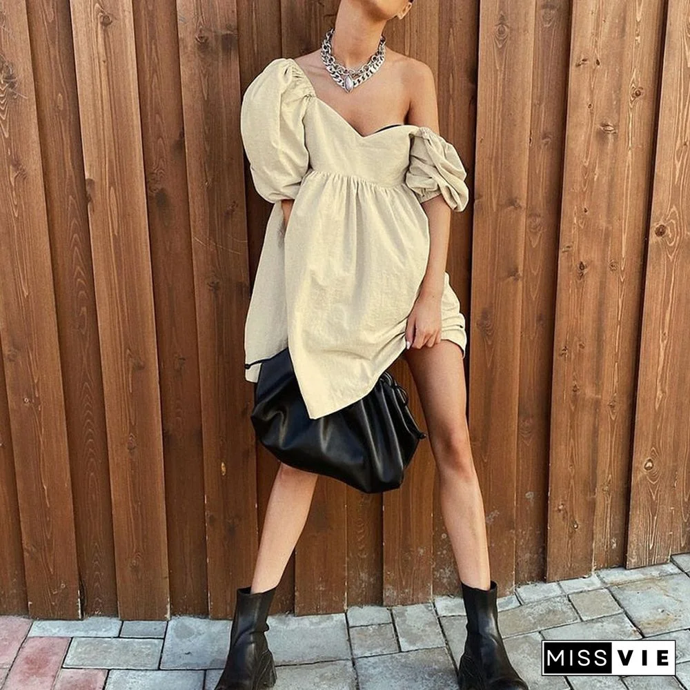 Cotton V-Neck Loose Lantern Sleeve Mini Dress Fashion Blue Summer Women A-Line Dress Solid Retro High Waist Vestido