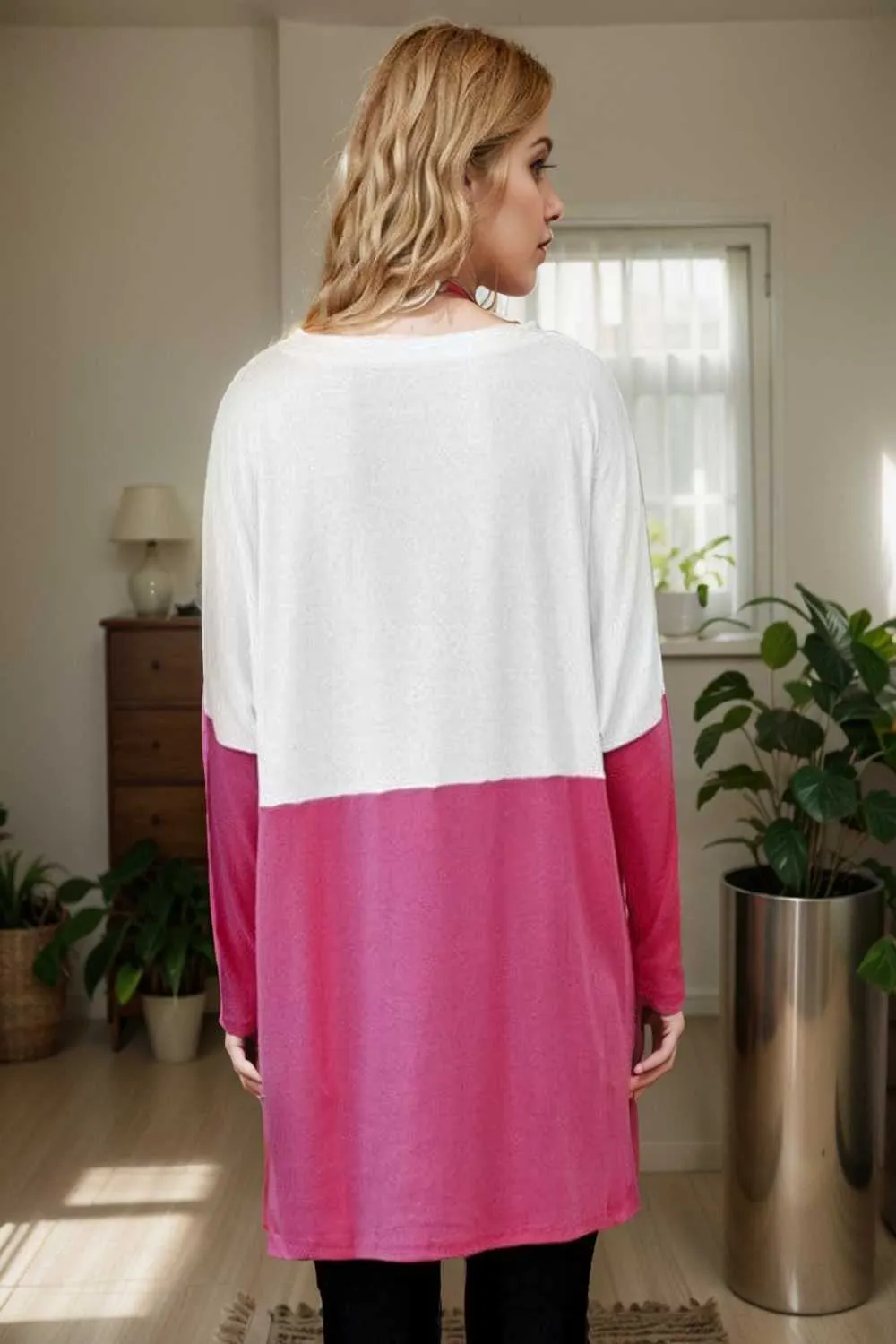 two color stitching pocket loose long sleeve t shirt