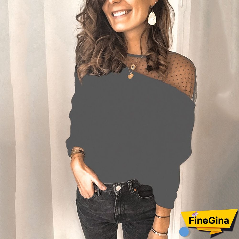 Casual Mesh See Through Polka Dot Loose Blouse for Women Plus Size Winter Spring Long Sleeve Black Shirt Office Lady Top Clothes