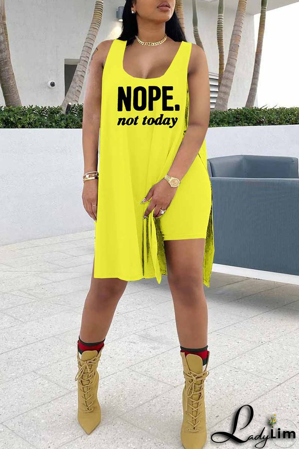 Red Fashion Casual Letter Print Slit U Neck Sleeveless Two Pieces