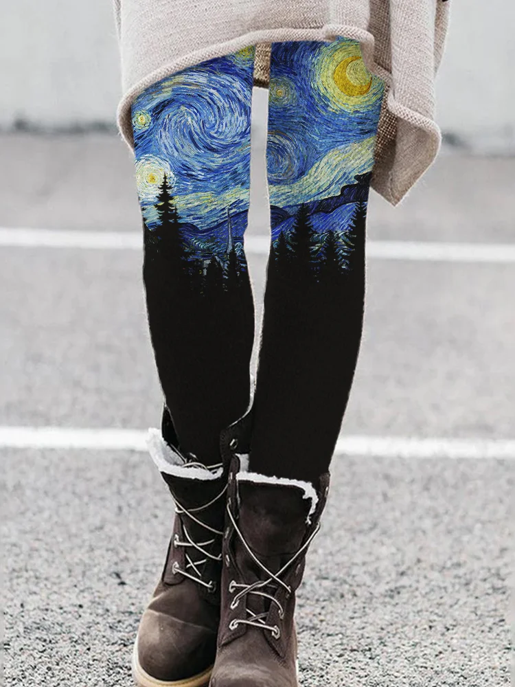 Starry Night Forest Silhouette Contrast Leggings