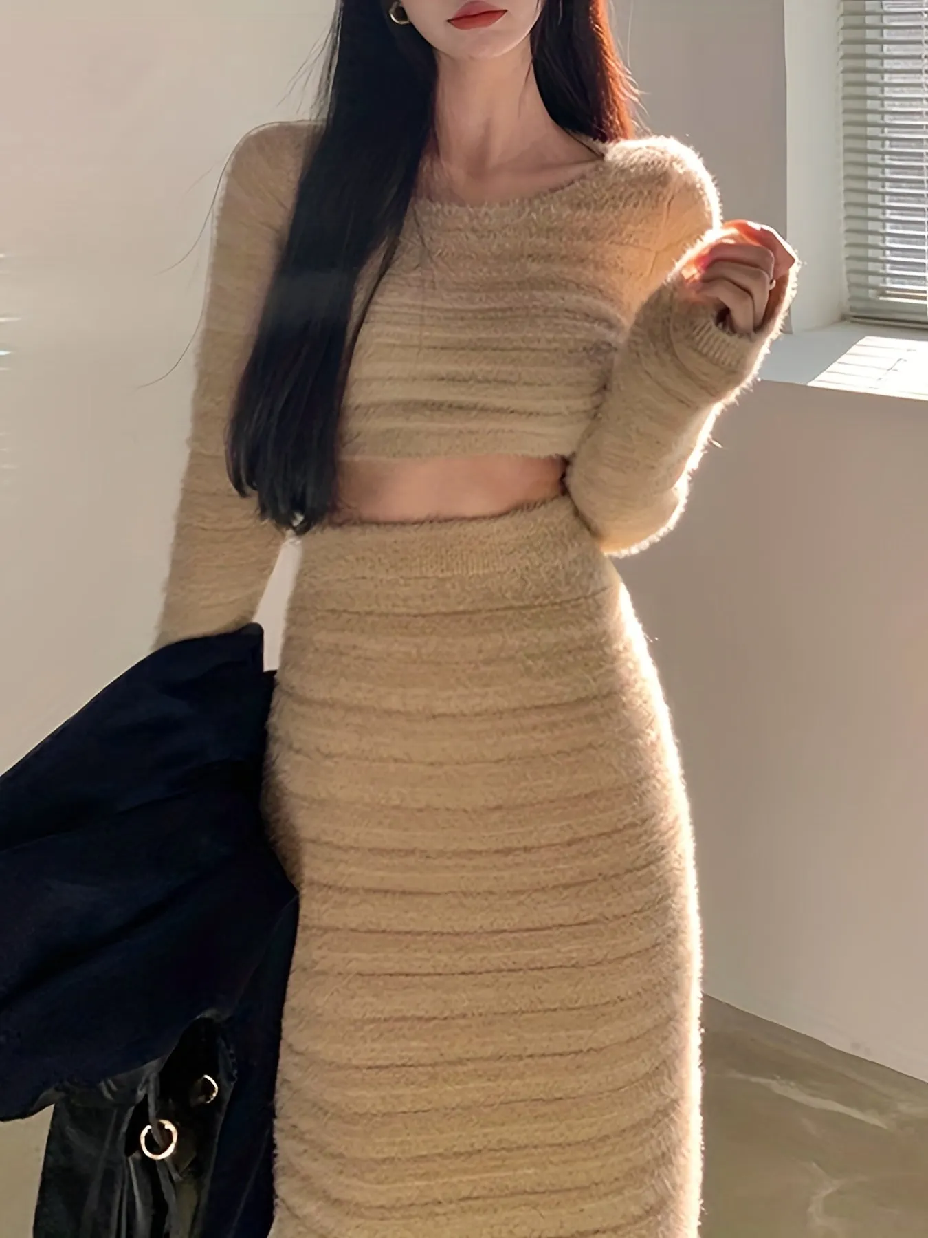 Versatile Solid Two-piece Skirt Set Crop Long Sleeve Top High Waisted Bodycon Outfits
