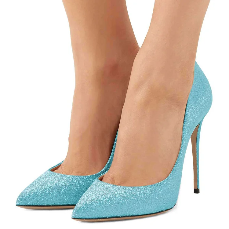 Light Blue Glitter Shoes Stiletto Heel Pumps |FSJ Shoes