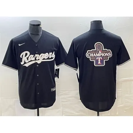 Men's Texas Rangers Black 2023 World Series Champions Big Logo Cool Base Stitched Baseball Jersey 223P