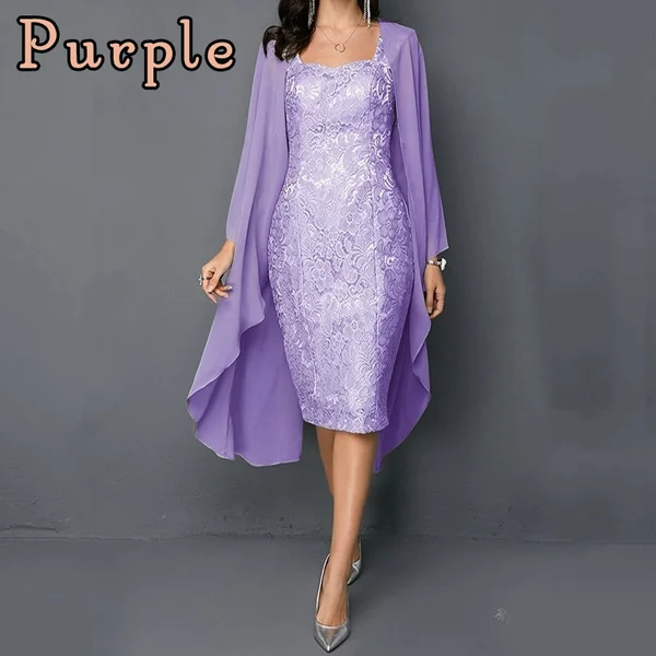 New Women Dresses Knee Length Mother Of The Bride Dresses Lace Solid Color Two Pieces Evening Gowns Elegant Long Sleeve Party Dresses Wedding Outfits Plus Size
