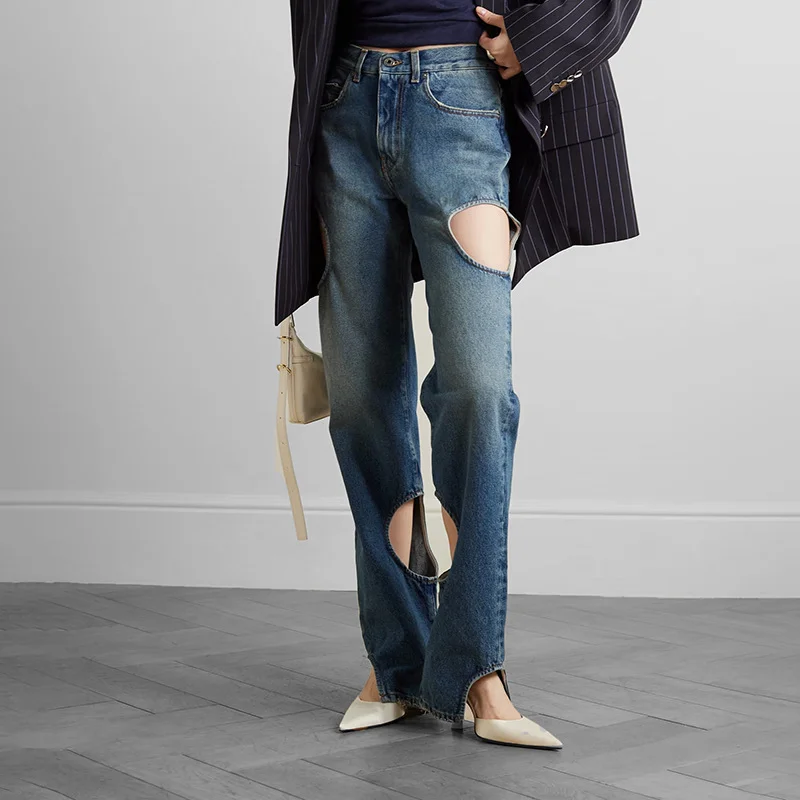 Toloer Toloer Casual Fashion Wind 2024 Autumn New Personality Retro Hollow Out Design Sense Straight Leg Jeans Fashion Women-Outfit Ideas