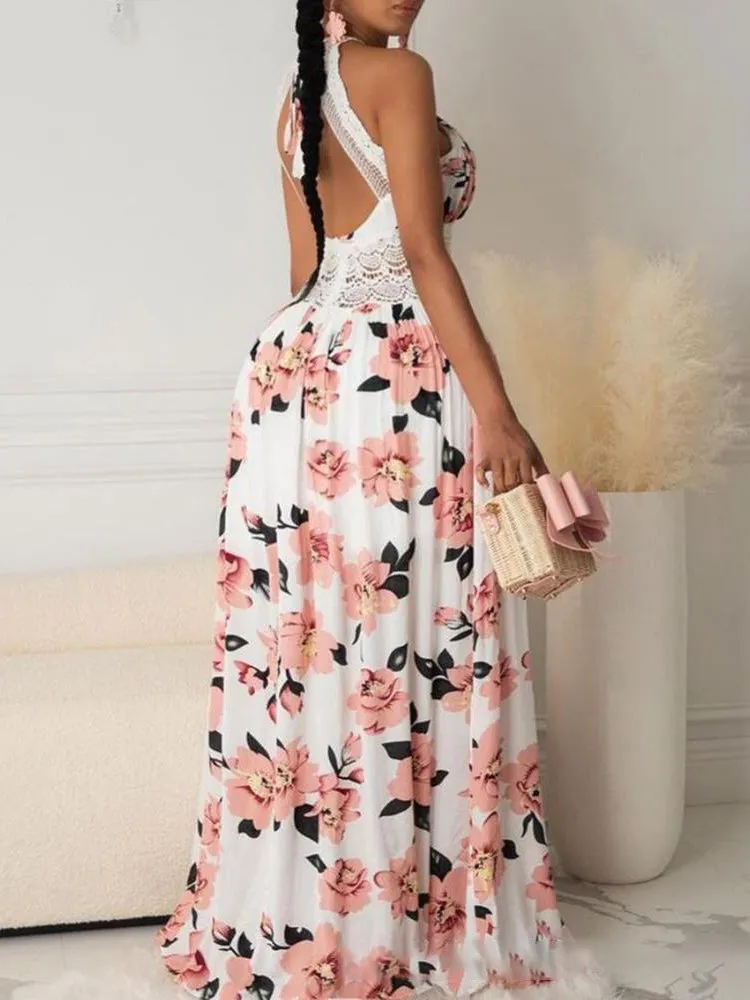 Sexy Deep V Neck Pink Flower Printed Beach Dress