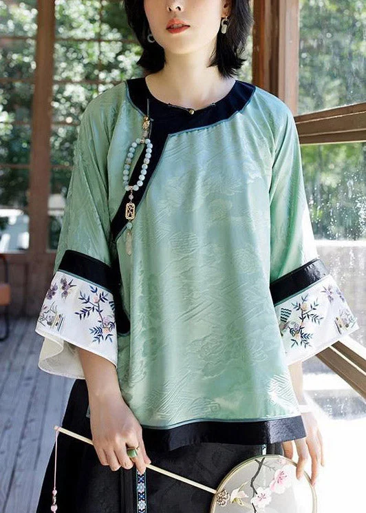 Women Light Green O-Neck Patchwork Print Silk Shirt Tops