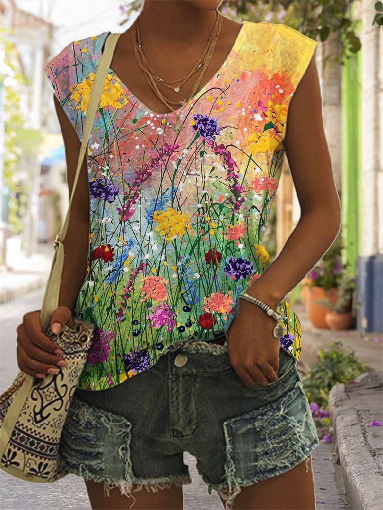 Artwishers Flowers Oil Painting V Neck Tank Top