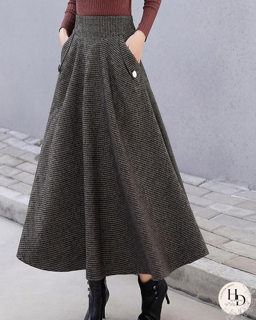 Women Woolen Elegant High Waist Plaid Skirts