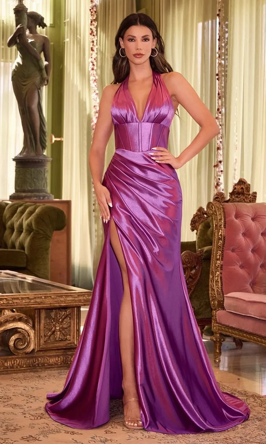 Oknass Halter Neck Sleeveless Long Mermaid Split Prom Dress With Pleated