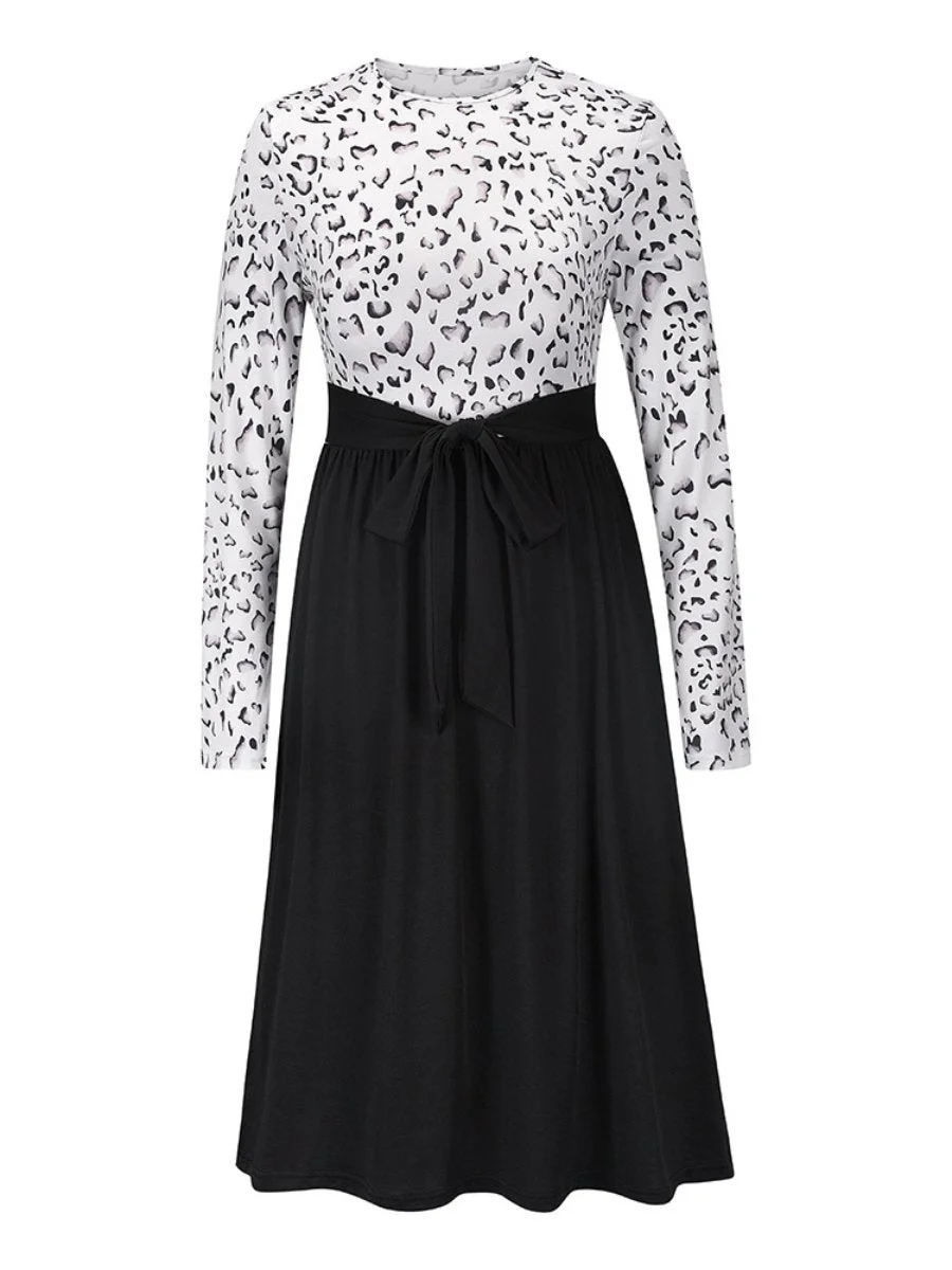 Women's Dress Leopard Pitchwork Tie Long Sleeve Knitted Midi Dress