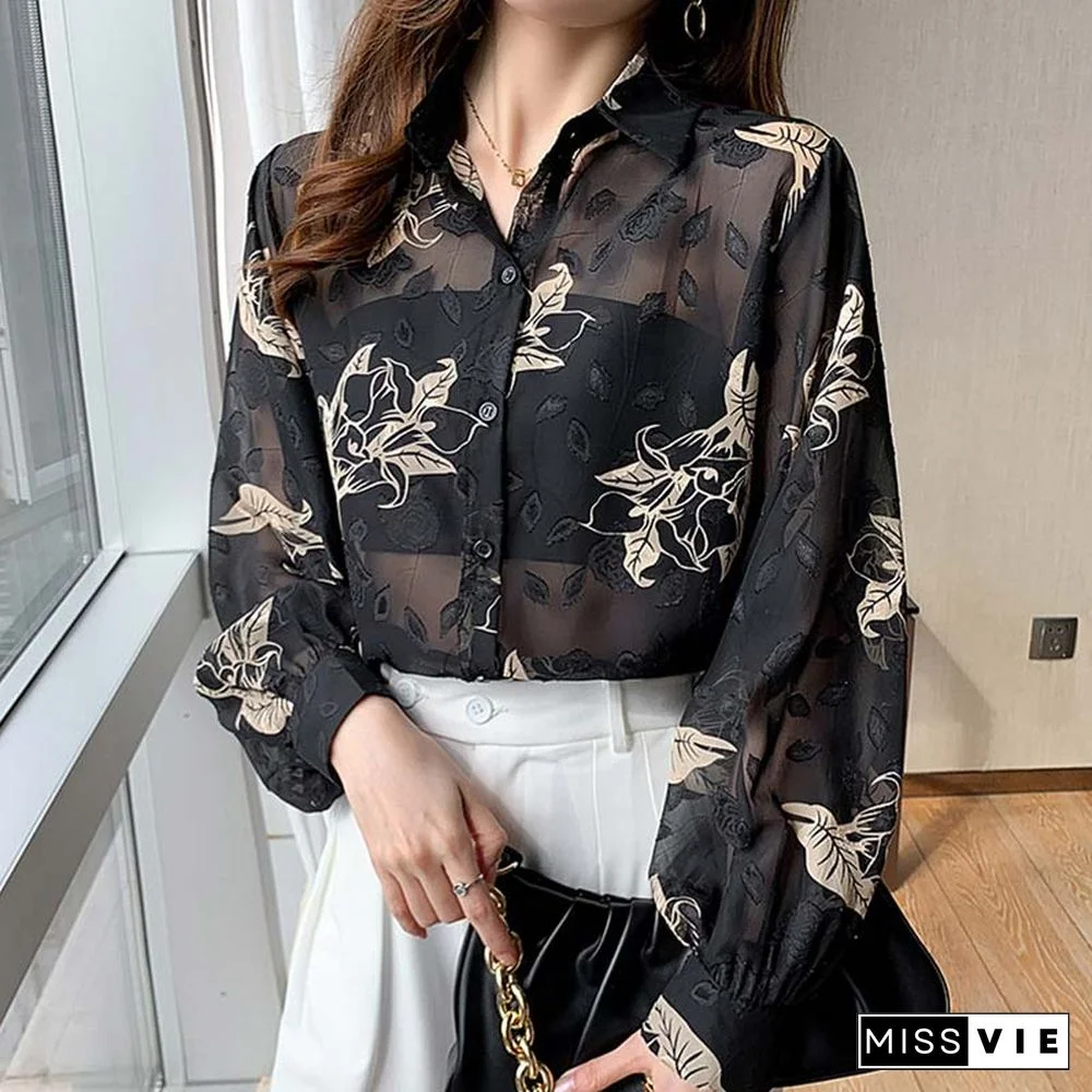 Floral Print Puff Sleeve Chiffon Shirt