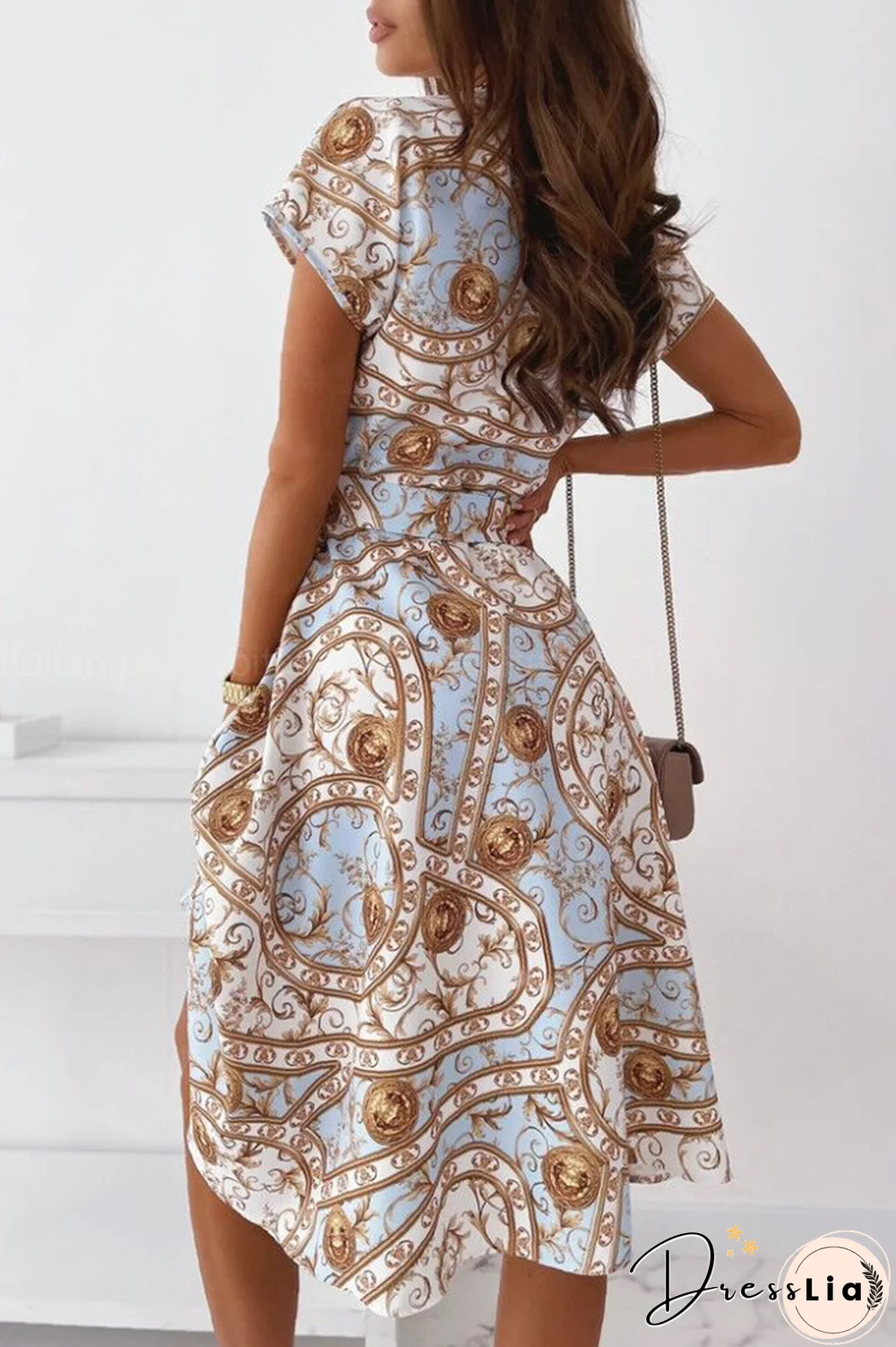 Fashion Elegant Print Buckle With Belt V Neck A Line Dresses