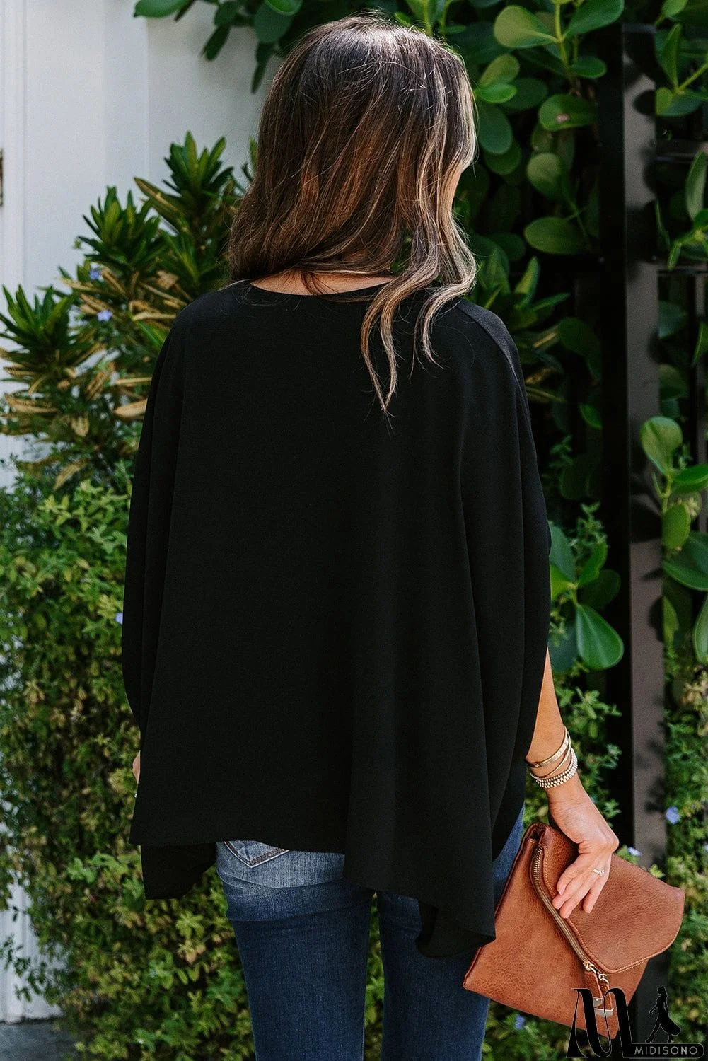 MidiSono - Draped Dolman Sleeves V Neck Blouse