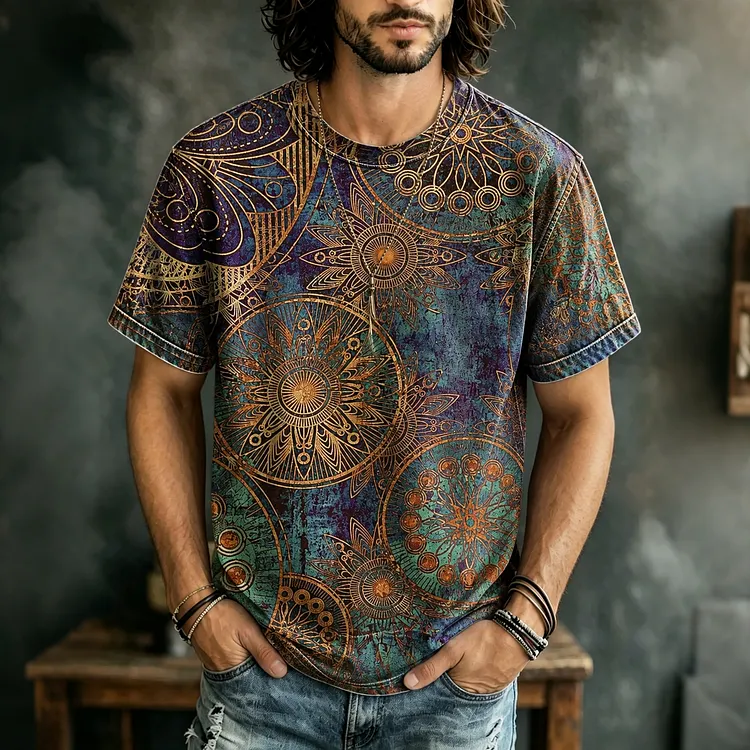 Men's Retro Bohemian Mandala Pattern Art Print T-shirt