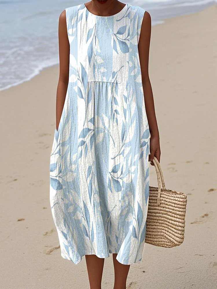 Women's Vintage Floral Print Cotton and Linen Dress
