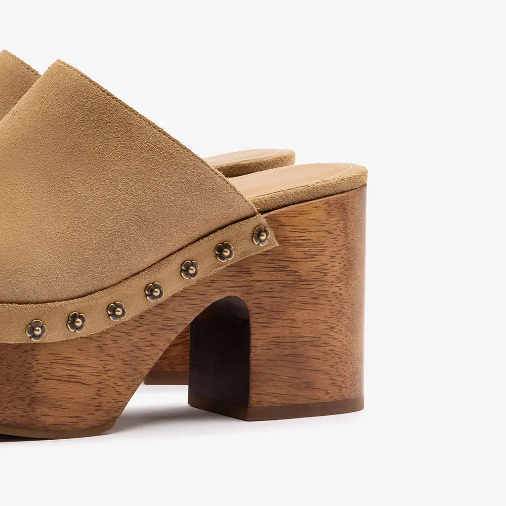 Vegan Suede Closed Round Toe Platform Studded Heeld Mules in Tan