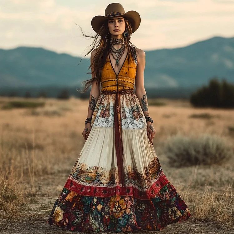 Western Vintage Floral Pattern Women's Lace-up Maxi Dress