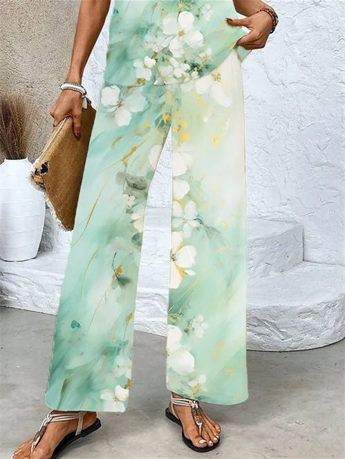 Women's Sleeveless Square Collar Floral Printed Casual Set