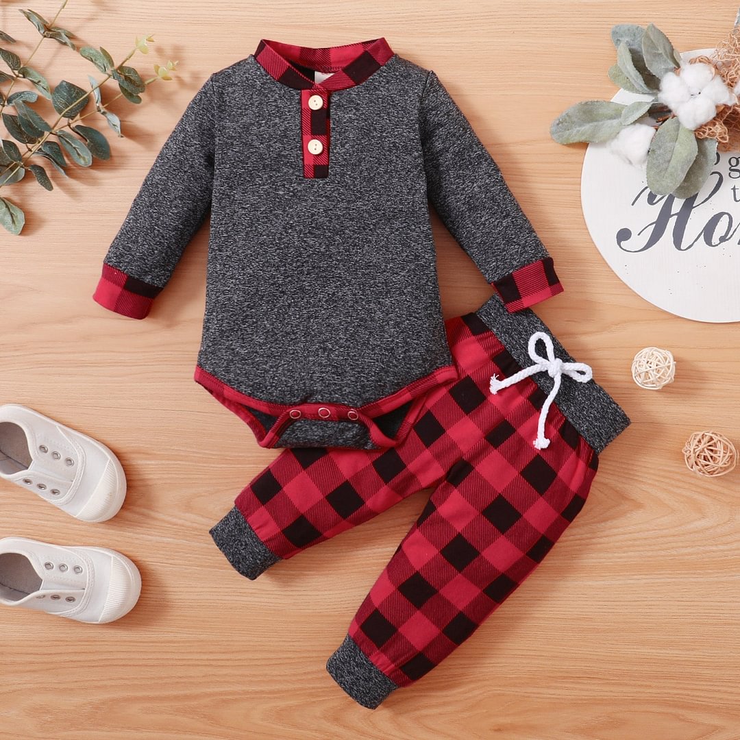 2PCS Lovely Classic Plaid Printed Baby Set