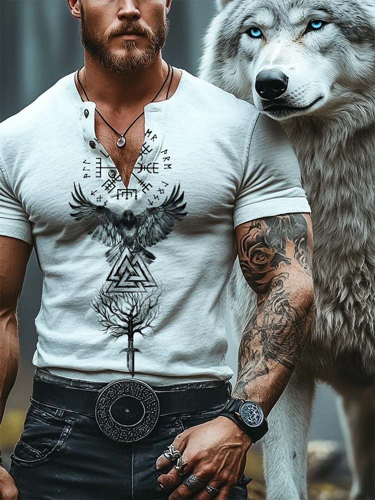 Viking Divine Magic Raven Totem Casual Henley Shirt / Rvogue / Rvogue