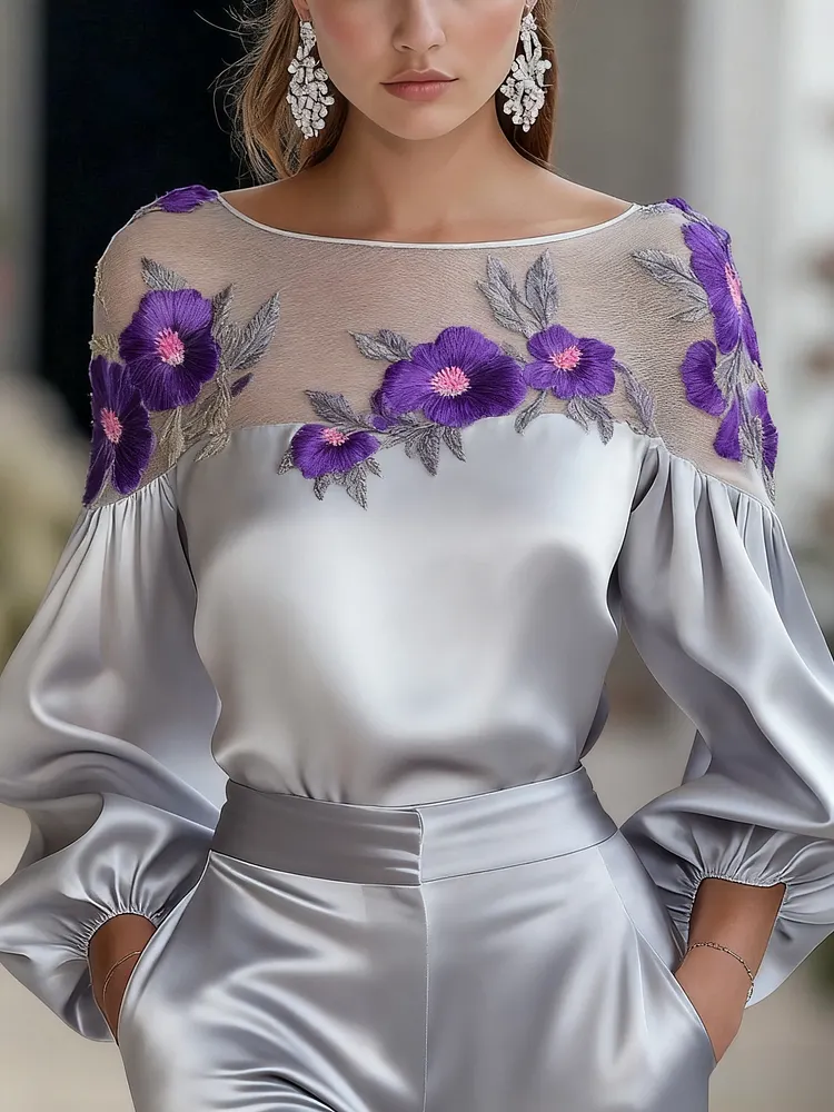 Women's Fashion Shirt with Mesh Embroidered long sleeve Top